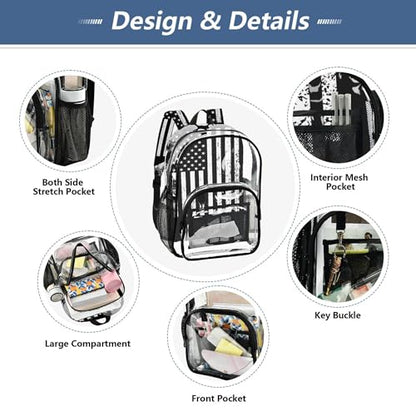 American Flag with Hockey Clear Backpack PVC Transparent School Backpack Lightweight Student Book Bags Capacity Clear Bag - color: Cerebral Grey