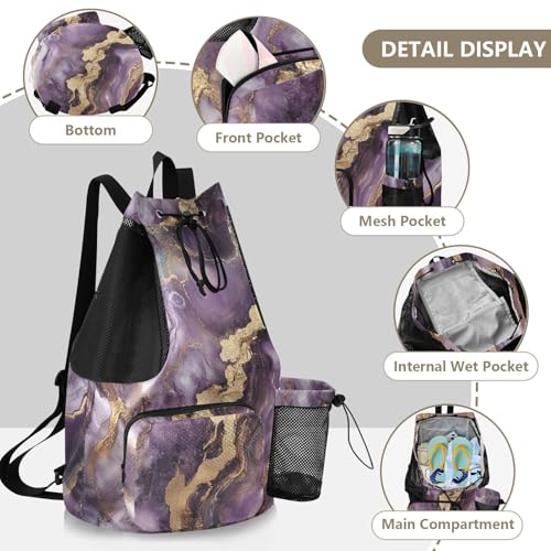Beach Drawstring Bags Pool Bag With Water Bottle Pocket Cinch Back Sack Wet and Dry Separation Purple and Gold Marble Texture - color: Color 26