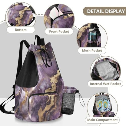 Beach Drawstring Bags Pool Bag With Water Bottle Pocket Cinch Back Sack Wet and Dry Separation Purple and Gold Marble Texture - color: Color 26
