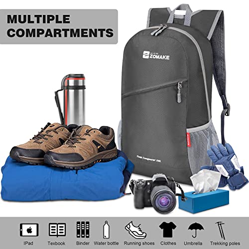 ZOMAKE Lightweight Packable Backpack 20L,Foldable Backpacks Small Daypack for Hiking Water Resistant Day Bag for Travel(Medium Grey) - color: Medium Grey