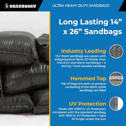 Sandbaggy Heavy Duty Black Sandbags – 14x26 in Empty Poly Bags w/ 4000 HR UV Protection – Ultra-Tough Sand Bags for Flooding, Construction & Barriers – Military Grade (5)