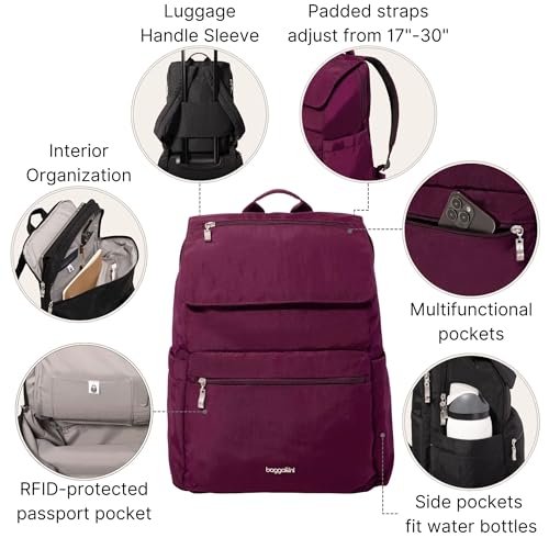 Baggallini Flap Laptop Backpack - 15"x11" Lightweight Work Travel Bag w/Luggage Sleeve & RFID - color: Mulberry