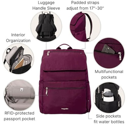 Baggallini Flap Laptop Backpack - 15"x11" Lightweight Work Travel Bag w/Luggage Sleeve & RFID - color: Mulberry