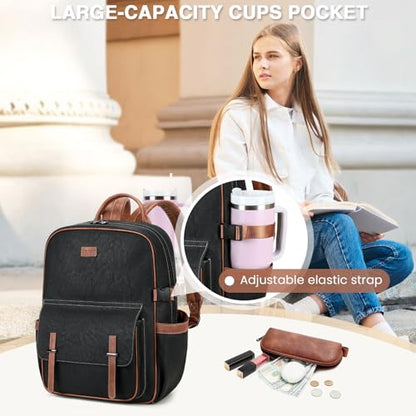 Vegan Leather Laptop Backpack for Women Designer 15.6 Inch PU Laptop Bag, Ladies Travel Computer Work Backpack - color: Black Brown