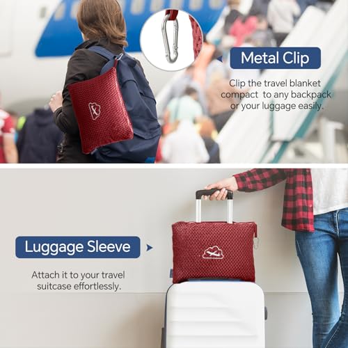BEDELITE Travel Blanket with Bag, Ultra-Soft Jacquard Fleece Blanket with Luggage Sleeve & Backpack Clip, Airplane Blanket Travel Essentials, Burgundy - color: Burgundy