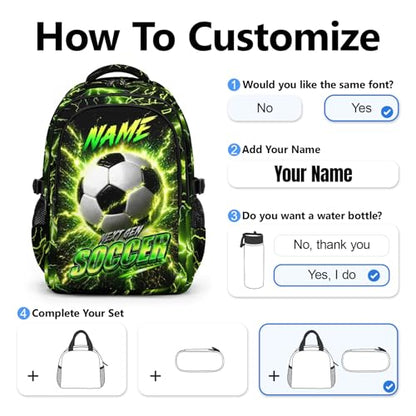 Boys Soccer Backpack with Personalized Name, 17 Inch Kids School Backpacks with 3 Compartments - Custom Sport Bookbag for Elementary Students, Reflective Ergonomic Design with Chest Strap - color: Green
