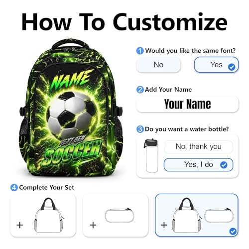 Boys Soccer Backpack with Personalized Name, 17 Inch Kids School Backpacks with 3 Compartments - Custom Sport Bookbag for Elementary Students, Reflective Ergonomic Design with Chest Strap - color: Green