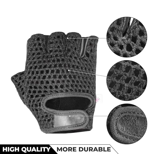 Leather Padded Crochet Back Breathable Fingerless Weight Lifting, Cycling Workout Gloves, Black (Medium)