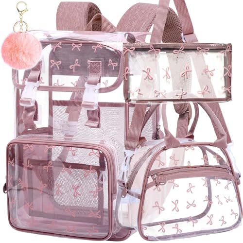 17" Clear Backpack for Girls, School Kids Transparent Bookbag Set, 3Pcs Stadium Approved See Through Backpack with Lunch Box (Pink) - color: Pink Bow