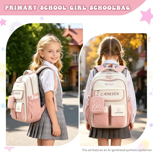Backpack for Girls,Preppy Bookbag for Elementary & Middle School Students,Cute School Bag with Large Capacity,18 Inch,Pink - color: Pink White