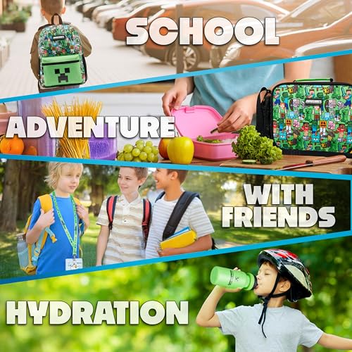 Minecraft Boys Backpack 5 Pc Gift Set, Creeper School Bookbag, Lunch Bag, Water Bottle, Keychain and Lanyard (Green AOP) - color: Green AOP