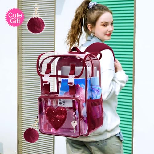 17" Clear Backpack for Girls, School Kids Transparent Bookbag Set, 3Pcs Stadium Approved See Through Backpack with Lunch Box (Dark Red) - color: Clear Sequins Dark Red
