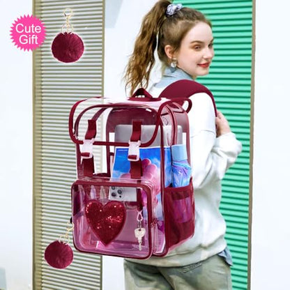 17" Clear Backpack for Girls, School Kids Transparent Bookbag Set, 3Pcs Stadium Approved See Through Backpack with Lunch Box (Dark Red) - color: Clear Sequins Dark Red