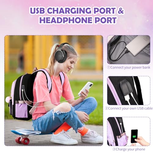 ACESAK Backpacks for Girls, Girls Backpack with Lunch Box and Pencil Case for Teen Kids Elementary Middle High School College Student, Children School Backpack Bookbag with USB Charging Port (Purple) - color: Black & Purple