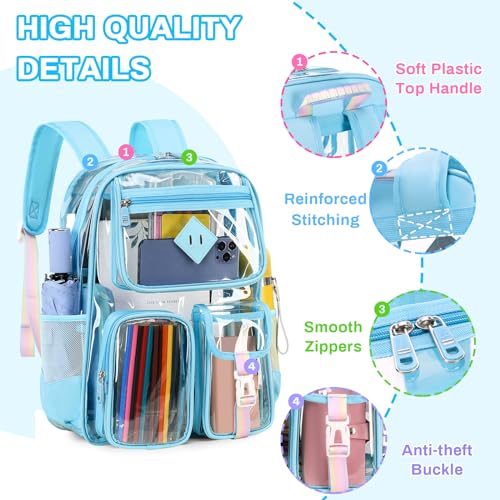 PIG PIG GIRL Clear Backpack for School,Heavy Duty PVC Transparent Bookbag for Girls Stadium Approved See Through Backpack - color: 5-sky Blue