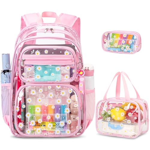 ACESAK Clear Backpack for Girls - 3 Pcs Clear Backpack Heavy Duty with Lunch Bag - See Through Bookbag Stadium Approved for Kids Middle High College School Sport Travel (Pink Daisy) - color: Pink Daisy