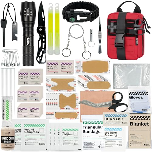 RHINO RESCUE Survival First Aid Kit, HSA/FSA Eligible, Emergency Kit Molle Pouch IFAK Medical Kit for Vehicles Car Camping Backpacking Hiking Hunting - color: Red