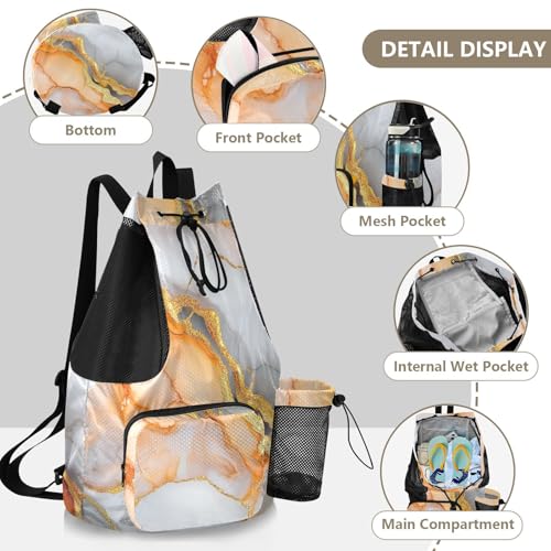 Drawstring Bags Pool Bag With Pockets String Bag Wet and Dry Separation Marble White Orange - color: Color 22