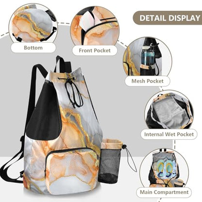 Drawstring Bags Pool Bag With Pockets String Bag Wet and Dry Separation Marble White Orange - color: Color 22