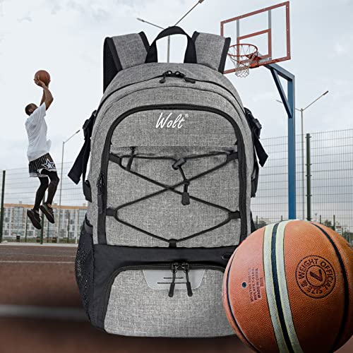 WOLT Basketball Backpack Large Sports Bag with Separate Ball Holder & Shoes Compartment, Best for Basketball, Soccer,Gym - color: Grey