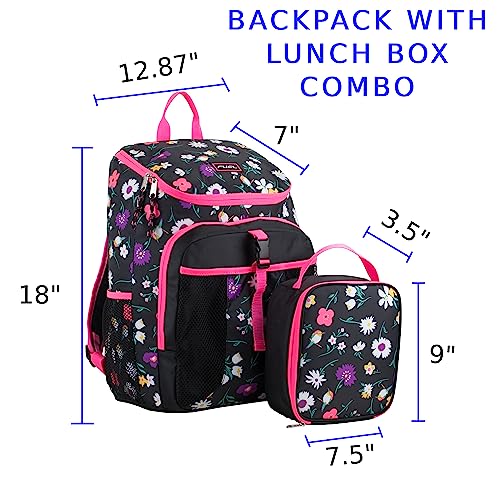 FUEL Top Loader Backpack with Lunch Box Combo – 18” Two Compartment Water Resistant Durable Adjustable Straps with Side Water Bottle Pockets 2 in 1 Set – Black & Pink Flowers - color: Ditsy Floral Bird Print/Black/Pink Sizzle
