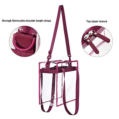 BAGAIL Clear Bags 12x6x12 Stadium Approved Clear Tote Bag with Zipper Closure Crossbody Shoulder Bag with Adjustable Strap - color: Burgundy