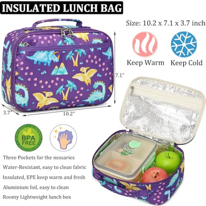 JIANYA School Backpack for Boys and Girls Elementary Children's School Bag Kids Backpack with Lunch Box - color: Dinosaur/ Purple
