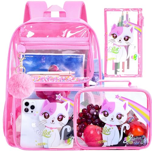 UFNDC 3PCS Clear Backpack for Girls and Boys, Unicorn Cat Transparent Bookbag, See Through School Bag for Kids Elementary - color: Clear Cat Pink