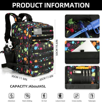 Lovelinks21 Tactical Assault Backpack - 45L 3 Day Assault Pack with MOLLE, Waterproof Rucksack - Fluorescent Tie Dye - color: Fluorescent Tie Dye