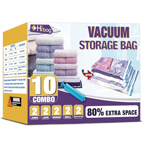 HIBAG Vacuum Storage Bags, 10-Pack Vacuum Seal Bags for Clothing Clothes, Space Saver Bags (2 Jumbo, 2 Large, 2 Medium, 2 Small, 2 Roll-up) with Pump (10-Combo) - size: 10-COMBO