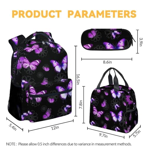 Girls Butterfly Backpack with Lunch Box - Set of 3 School Backpacks Matching Combo - Fashion Black Bookbag and Pencil Case Bundle - color: Butterfly 2-2