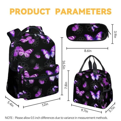 Girls Butterfly Backpack with Lunch Box - Set of 3 School Backpacks Matching Combo - Fashion Black Bookbag and Pencil Case Bundle - color: Butterfly 2-2