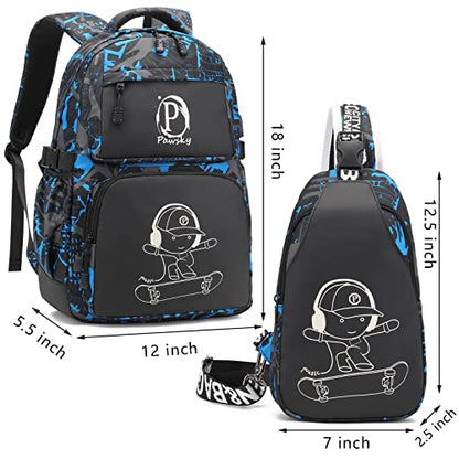 School Backpack for Boys, Elementary School Bag College Bookbag Lightweight Laptop Bag with Sling Bag Set, Kids Skateboard Backpack Casual Daypack, Blue - style: Skateboard-blue3