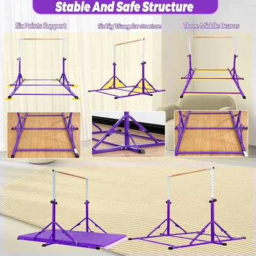 Marfula Gymnastic Bar For Kid and Teenage of 3-25, 5Ft/8 FT Base Length 4Ft Width 5Ft Adjust Height, Gymnastic Kip Bar For Gymnast, Gymnastic Training Equipment For Professional Training Home Club Use - color: Bar With Mat-Hot Purple (5 Ft Base)