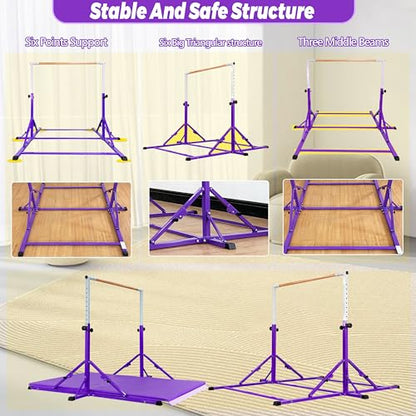 Marfula Gymnastic Bar For Kid and Teenage of 3-25, 5Ft/8 FT Base Length 4Ft Width 5Ft Adjust Height, Gymnastic Kip Bar For Gymnast, Gymnastic Training Equipment For Professional Training Home Club Use - color: Bar With Mat-Hot Purple (5 Ft Base)