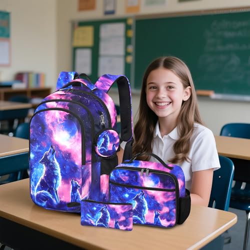 Wolf Backpack for Girls, Girls Backpacks with Lunch Box and Pencil Case for School, Kids Wolf Bookbag - color: Wolf