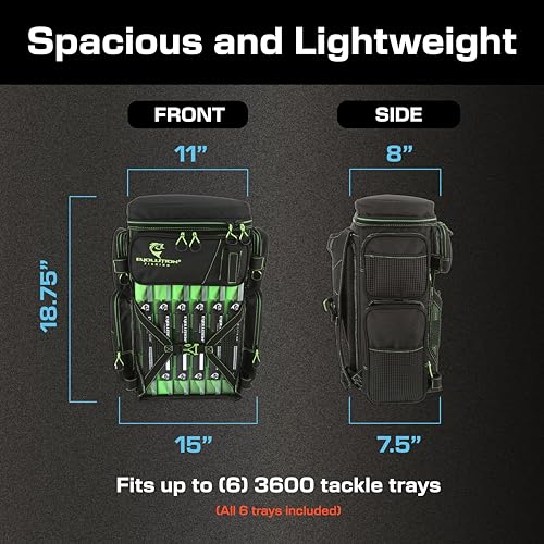 Evolution Fishing Drift Series Tackle Backpack, Outdoor Rucksack w/ 6 Fishing Tackle Trays, Heavy Duty - color: Green, size: 3600