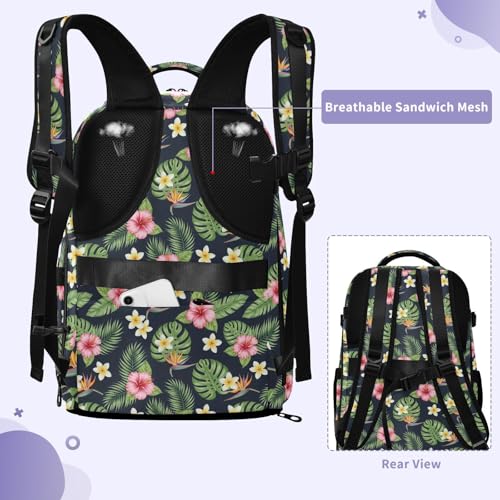 Travel Backpack with Shoe Compartment, 20L Large Capacity Laptop Backpack for Men Women, Tropical Flowers Leaves Daypack for Traveling Hiking Carry On
