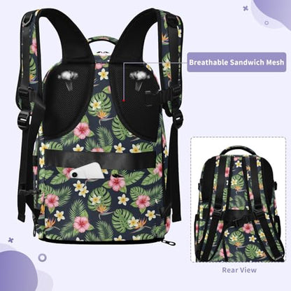 Travel Backpack with Shoe Compartment, 20L Large Capacity Laptop Backpack for Men Women, Tropical Flowers Leaves Daypack for Traveling Hiking Carry On