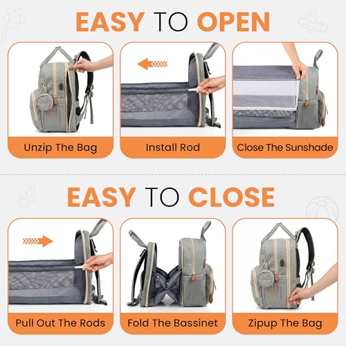 Diaper Bag Backpack with Changing Station | 600D Oxford Waterproof Baby Bag for Mom & Dad | Large Baby Diaper Bag Boy Girl | 16 Pockets, USB Charging Port, Foldable Pad - color: Grey