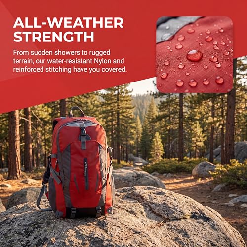 Hiking Backpack, Water Resistant Lightweight Outdoor Daypack with Breathable Padded Back, Multi-Pocket Travel Backpack for Camping Climbing Sports (Red) - color: Red
