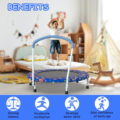 Mersco 36" Mini Toddler Trampoline with Handles, Indoor Quiet Kids Trampoline with Super Safety Mat and Durable Steel Frame, Indoor/Outdoor - color: Deep Blue Print