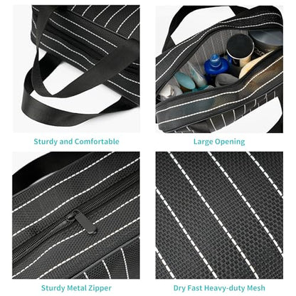 REDSINDA Mesh Shower Caddy Bag for Bathroom Gym Camping Portable Travel Mesh Toiletry Bag for Women Men - color: Large Black with White Stripes