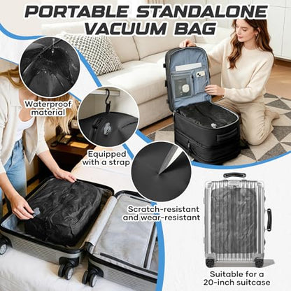 Travel Backpack with Compression Vacuum Storage Bag & Electric Pump, Expandable Flight Approved Carry On Backpack, 18x14x8 inches Personal Item Travel Bag for Men Women, Black - color: Black