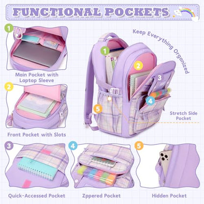 MUSEVOS Girls Backpack, Ideal School Backpack for Girls from Elementary to Teen Years, Kawaii Bookbag Cute Large Capacity - color: Purple