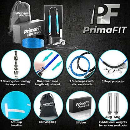 PrimaFIT Jump Rope Pro Speed Skipping Rope Adjustable Adult Jumping Rope Weighted Aluminium Handles for Double Dutch Boxing Workout Crossfit Exercise Fitness Spare Cable Weights Protectors Carry Bag - color: Light Blue