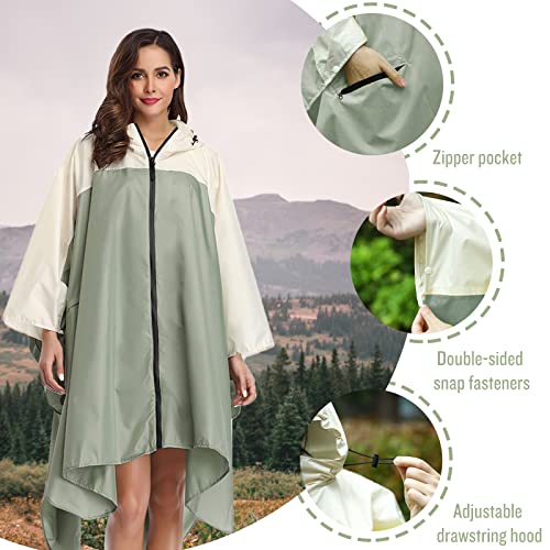 SaphiRose Unisex Rain Poncho Waterproof Raincoat Hooded for Adults Women with Pockets - color: A-light Green-white