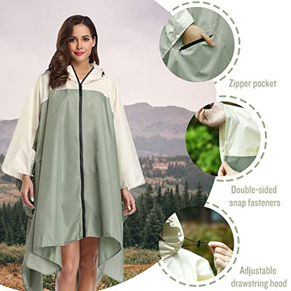 SaphiRose Unisex Rain Poncho Waterproof Raincoat Hooded for Adults Women with Pockets - color: A-light Green-white