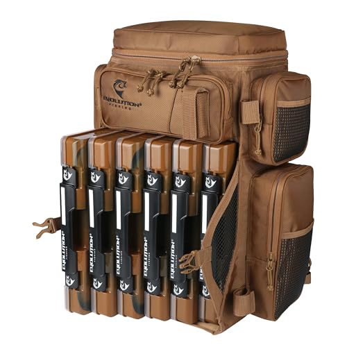 Evolution Fishing Drift Series Tackle Backpack, Outdoor Rucksack w/ 6 Fishing Tackle Trays, Heavy Duty - color: Coyote, size: 3700