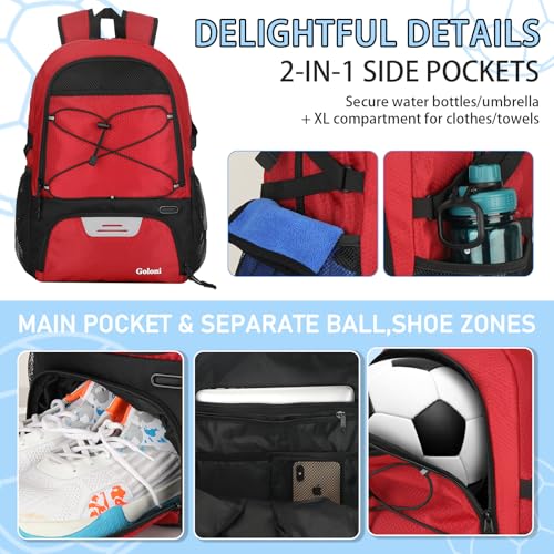 Goloni 30L Sports Backpack with Ball Compartment & Ventilated Shoe Pocket,Basketball Soccer Bag for Youth Boys Girls - color: Wine Red